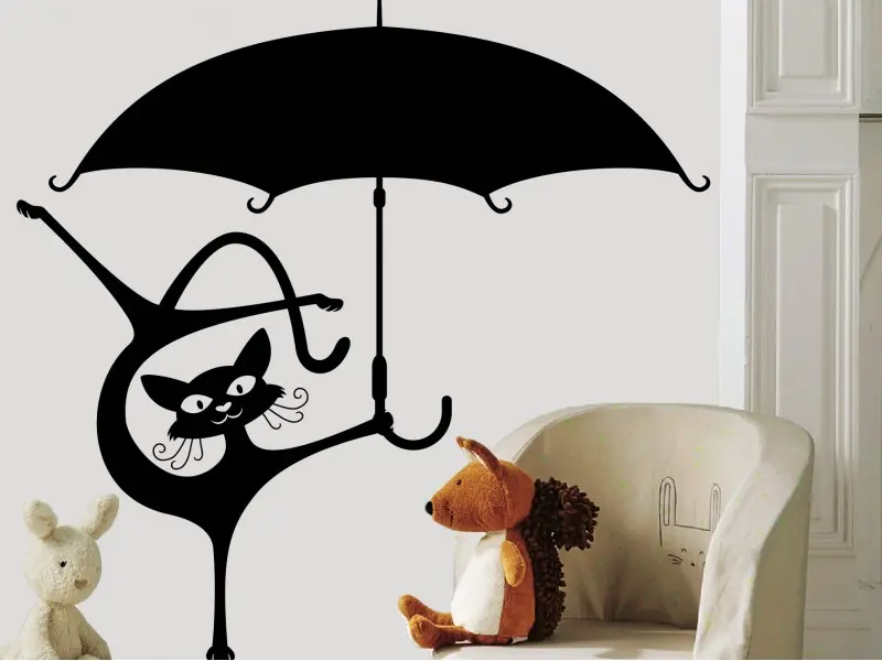 Autocolante de parede Gato divertido com guarda-chuva
