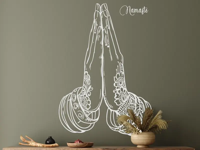 Autocolante Gesto da mão Namastê résultat en situation gros plan Autocolante Gesto da mão Namastê