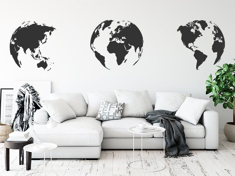 Sticker mural 3 Globes Carte du monde résultat en situation