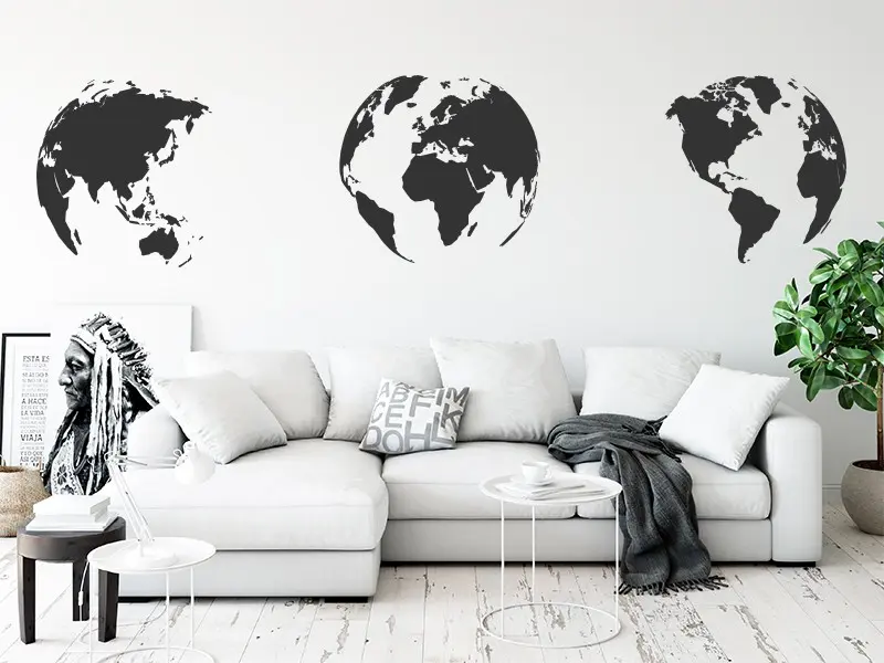 Sticker mural Cartes du Monde 3 Globes Carte du monde résultat en situation Sticker 3 Globes Carte du monde