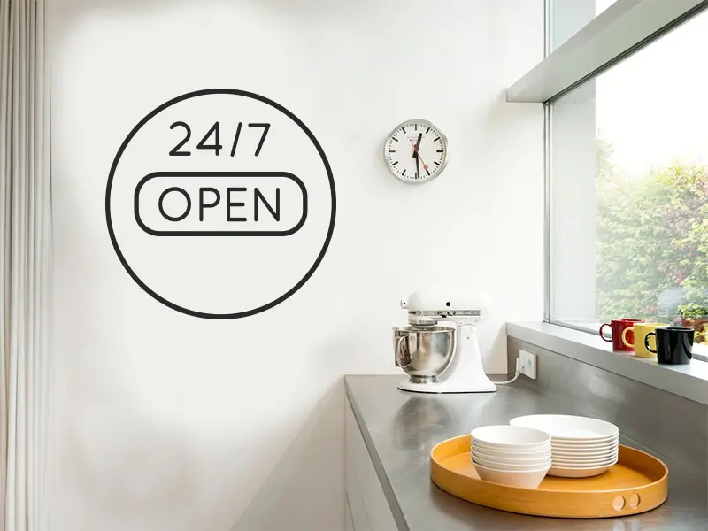 Sticker mural Stickers Cuisine 24/7 Open résultat en situation Sticker 24/7 Open