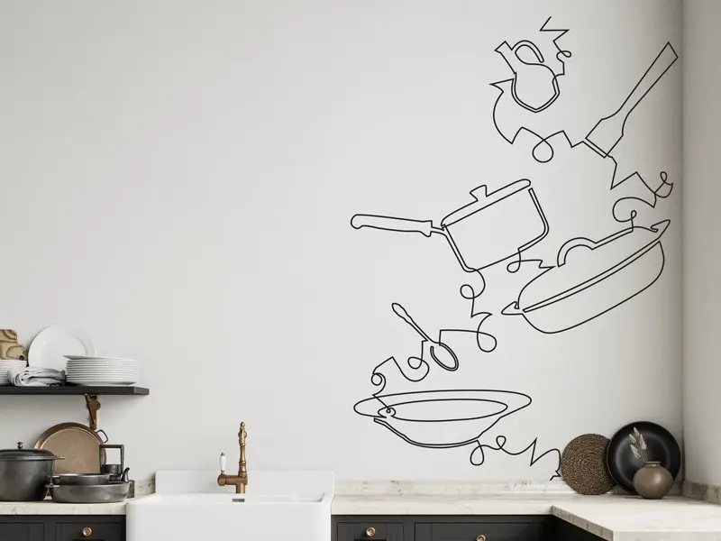 Sticker mural Chef - Ustensiles Cuisine couverts casseroles résultat en situation Sticker Cuisine couverts casseroles