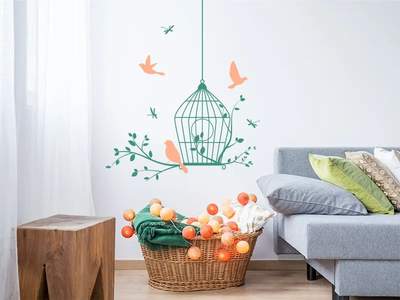 Sticker mural Branches Cage Oiseaux Libellules résultat en situation Sticker Cage Oiseaux Libellules