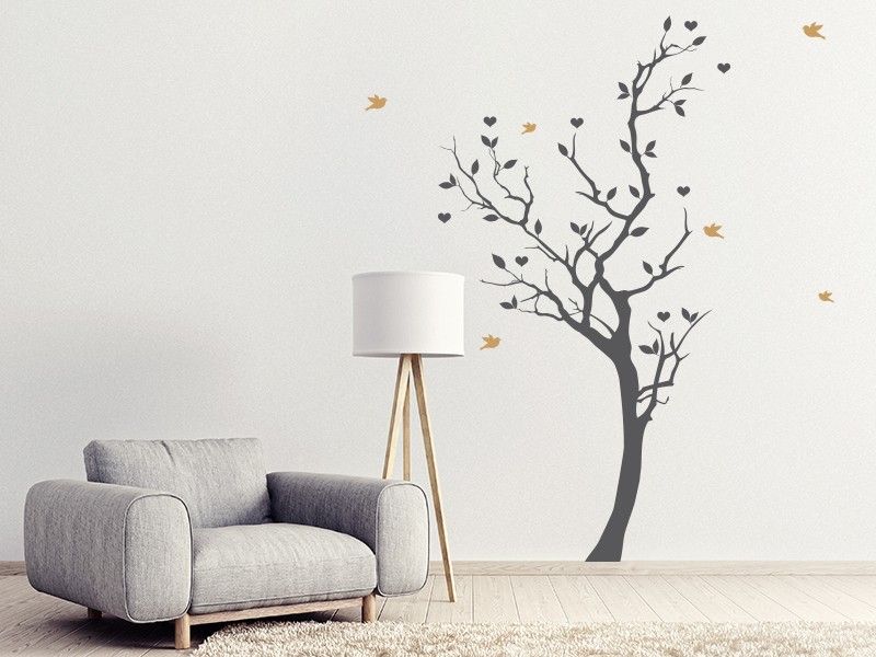 Sticker mural Arbre Coeurs Oiseaux résultat en situation