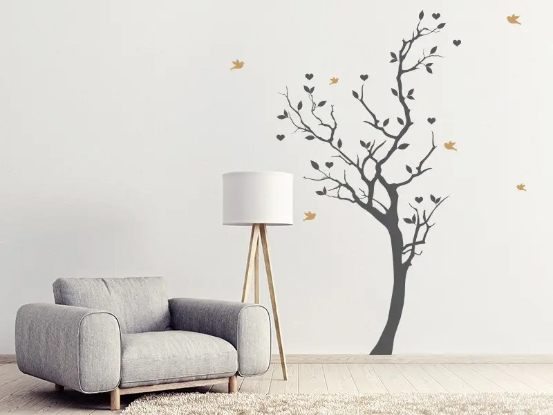Sticker mural Stickers Arbres Arbre Coeurs Oiseaux résultat en situation Sticker Arbre Coeurs Oiseaux
