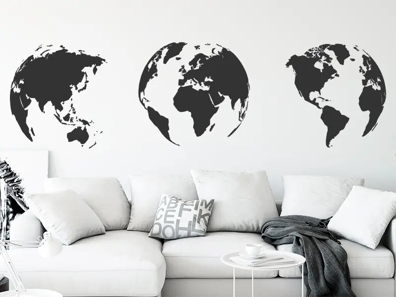 Autocolante 3 Globos Mapa do mundo résultat en situation gros plan Autocolante 3 Globos Mapa do mundo