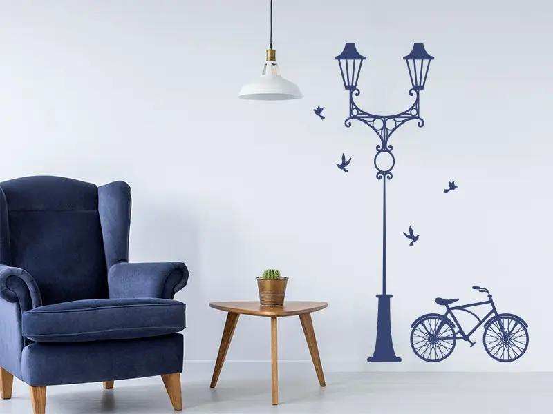 Sticker mural Vintage - Urbain Réverbère et Vélo résultat en situation Sticker Réverbère et Vélo