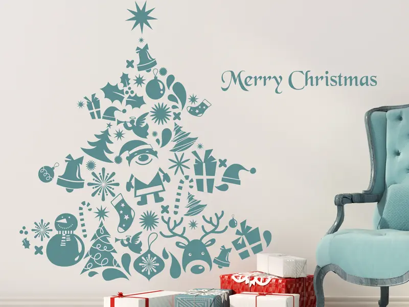 Sticker mural Noël Sapin de Noël Cadeaux résultat en situation gros plan Sticker Sapin de Noël Cadeaux