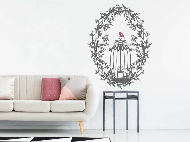 Sticker mural Stickers Oiseaux Cage Oiseaux Floral 3 résultat en situation Sticker Cage Oiseaux Floral 3