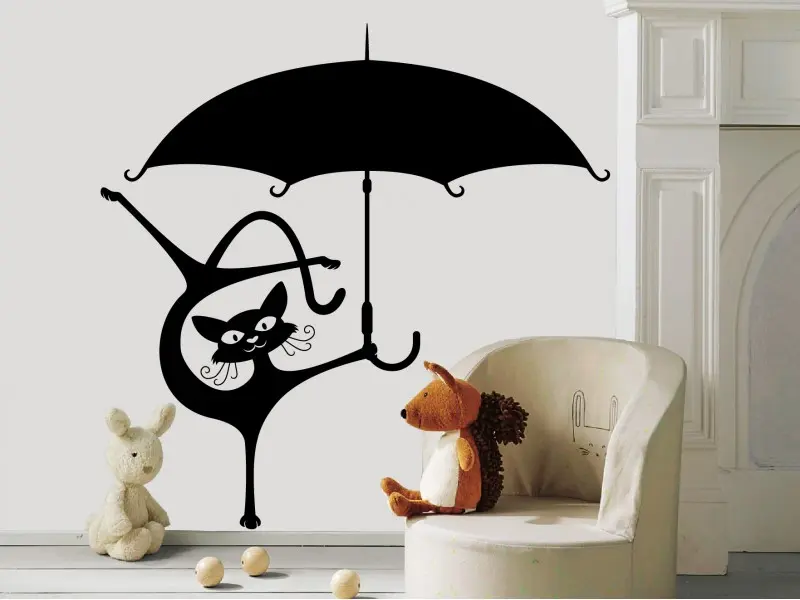 Autocolante de parede Gato divertido com guarda-chuva