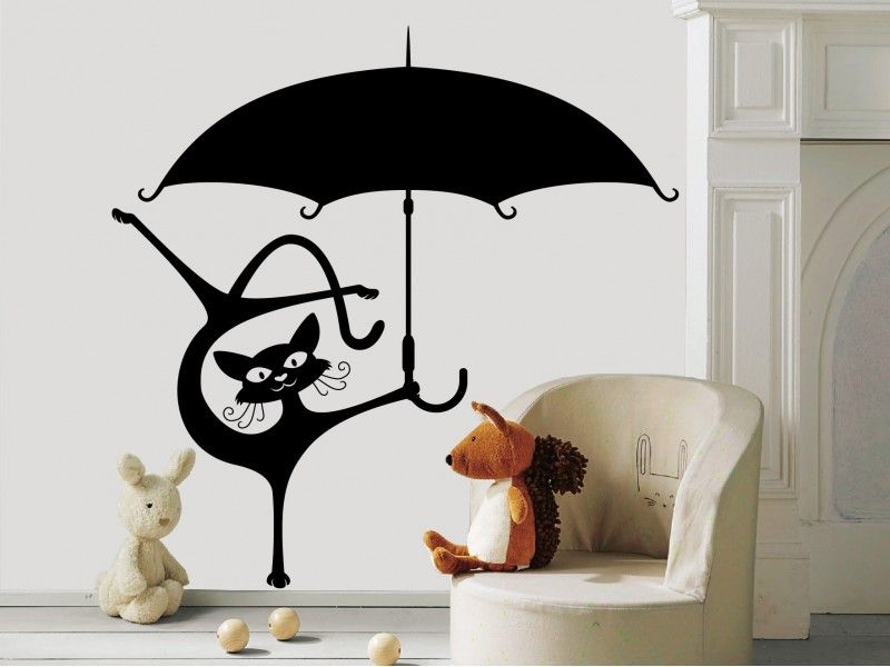 Autocolante de parede Gato divertido com guarda-chuva