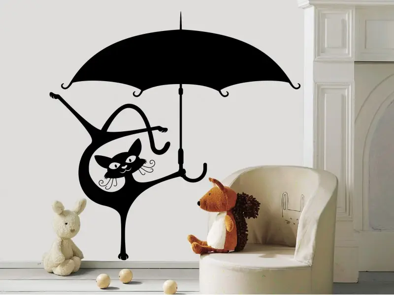 Autocolante de parede Gato divertido com guarda-chuva Autocolante de parede Gato divertido com guarda-chuva