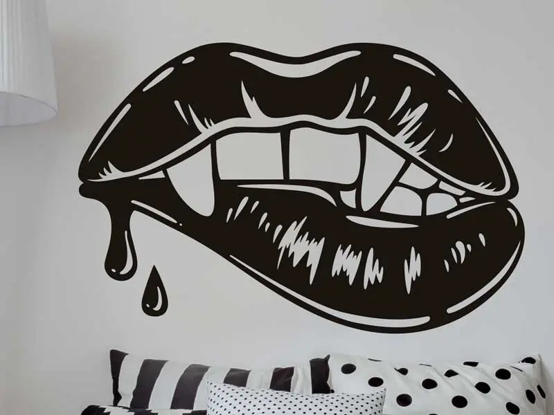 Sticker mural Pop Art Bouche Vampire Sang résultat en situation gros plan Sticker Bouche Vampire Sang
