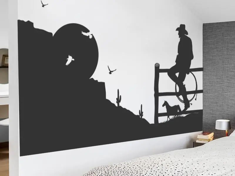 Sticker mural Chevaliers / Cowboys / Héros Paysage Cowboy résultat en situation gros plan Sticker Paysage Cowboy