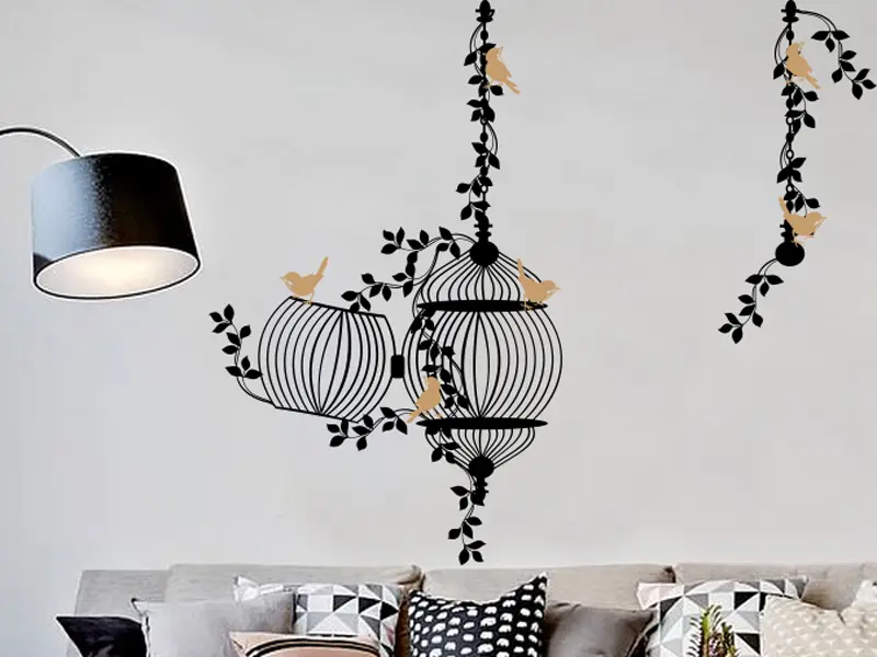 Sticker mural Stickers Oiseaux Cage Oiseaux Floral résultat en situation gros plan Sticker Cage Oiseaux Floral